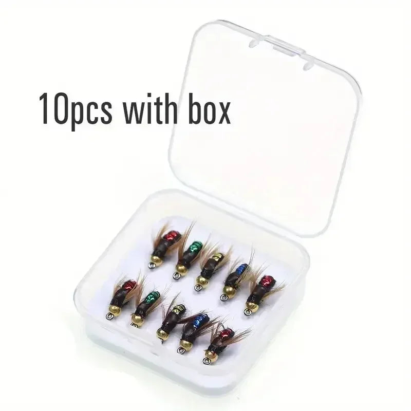 5 or 10PCS Fishing Grubs Artificial Insects Lures Fast Sinking Brass Bead Head Scud Fly Worm Trout Fishing Bait