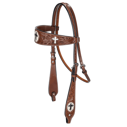 TABELO Floral Tooling Leather Browband Headstall with Cross Inlays