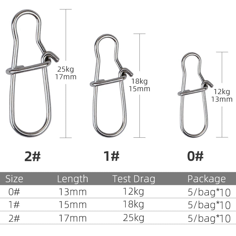TSURINOYA Stainless Steel Fishing Snaps 50PCS Fastlock Clips Safety Pin Connector Accessories Tackle for Lures Hooks