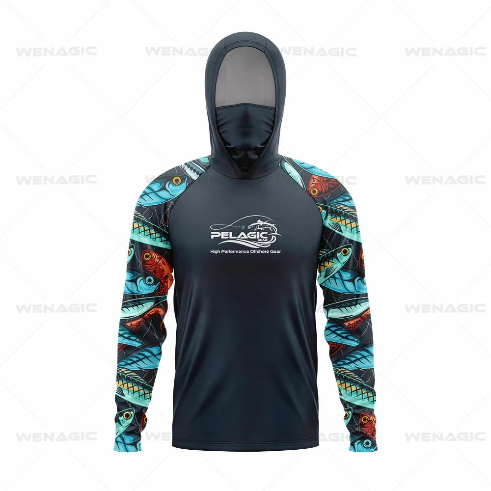 Pelagic Gear Fishing Shirts Upf 50 Long Sleeve Hooded Face Cover Camisa Pesca Quick Dry UV Protection Fishing Face Mask Clothes