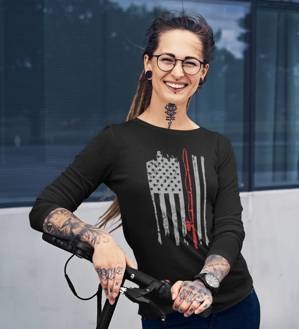 Fishing Rod American Flag Women Long Sleeve Shirt