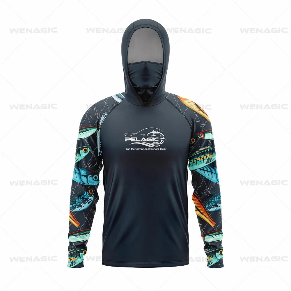 Pelagic Gear Fishing Shirts Upf 50 Long Sleeve Hooded Face Cover Camisa Pesca Quick Dry UV Protection Fishing Face Mask Clothes