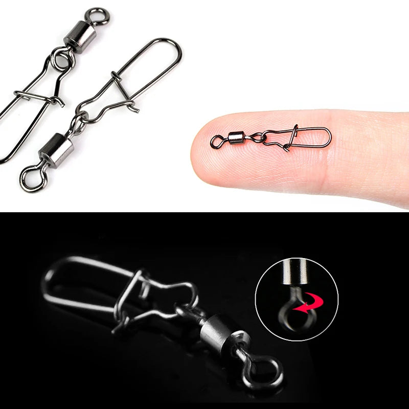 50pcs/1box 2# To 14# Fishing Connector Rolling Swivel Fish Pin Bearing Stainless Steel Snap Hook Lure Tackle Goods For Fishing