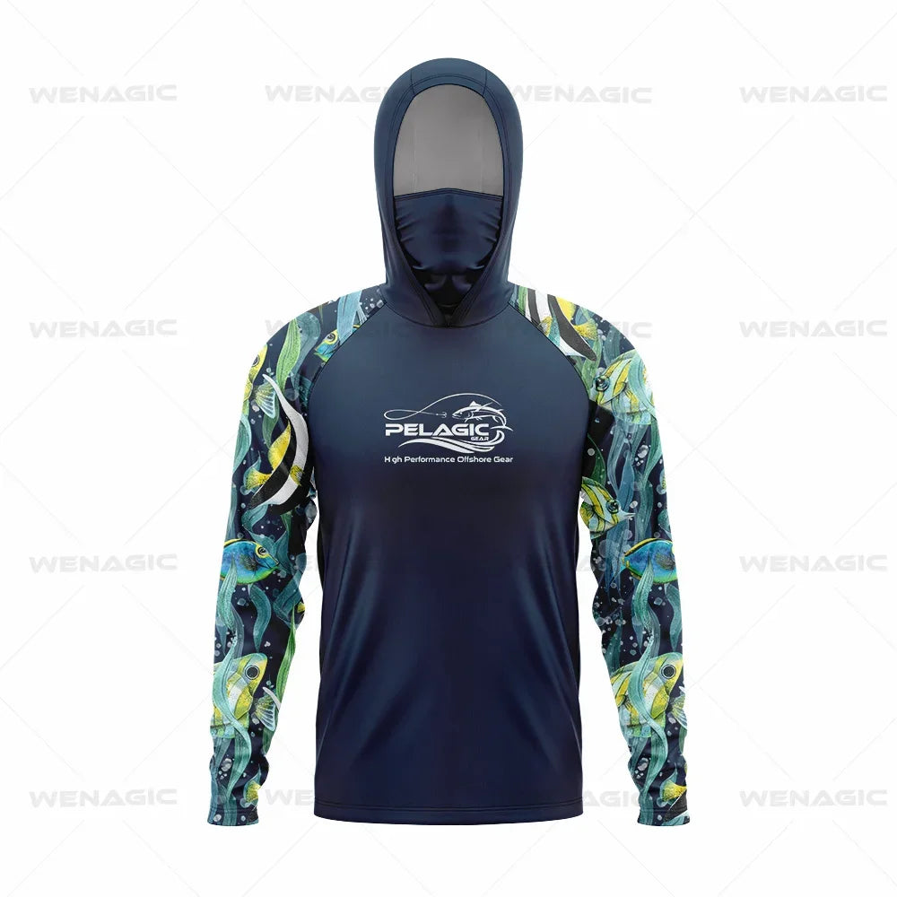 Pelagic Gear Fishing Shirts Upf 50 Long Sleeve Hooded Face Cover Camisa Pesca Quick Dry UV Protection Fishing Face Mask Clothes